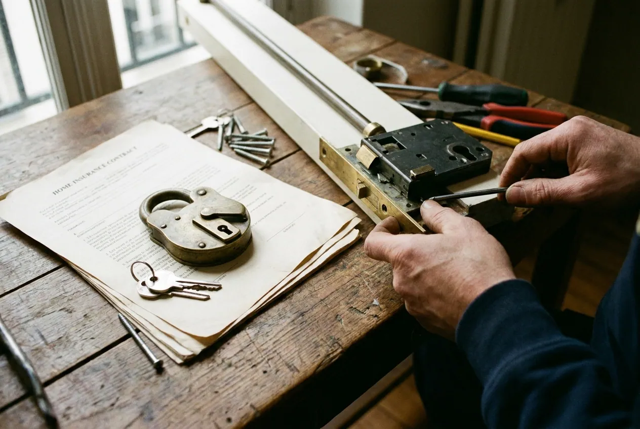 Contrat d'assurance habitation et serrure certifiée posés sur une table, Paris 15