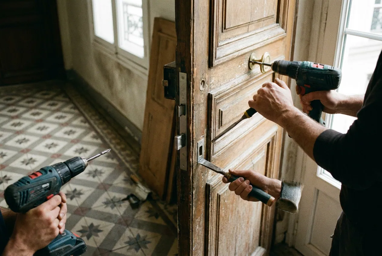 Porte palière d'un immeuble haussmannien de Paris 15 avec serrure multipoints renforcée