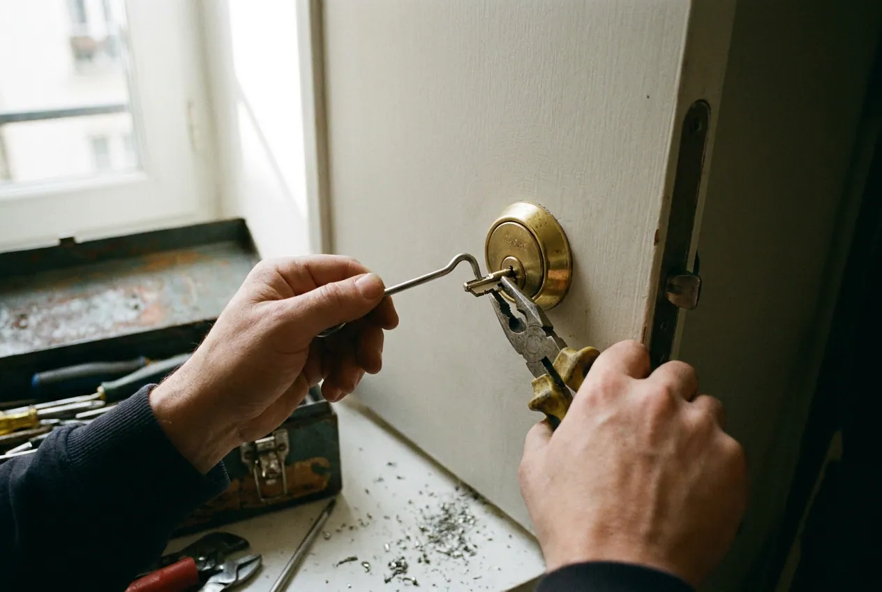 Clé cassée coincée dans le cylindre d'une serrure d'appartement à Paris 15