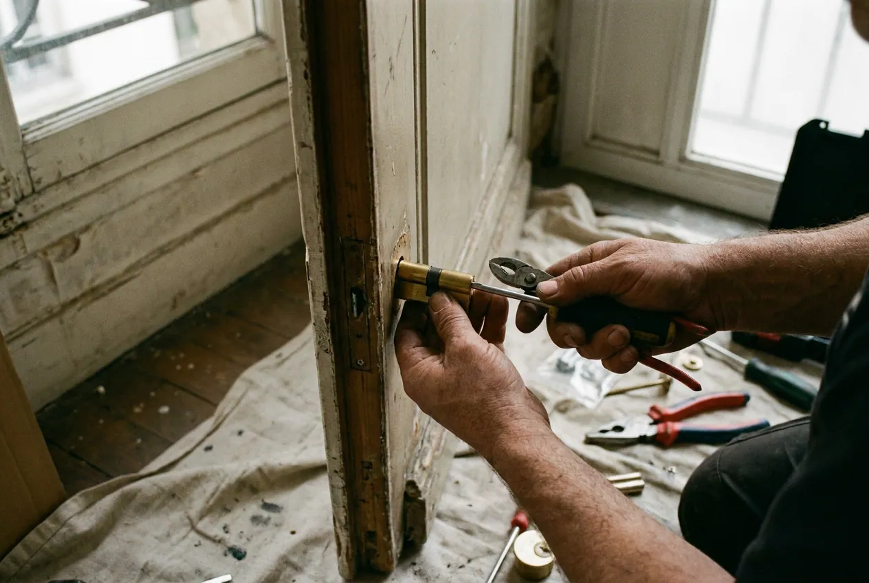 Cylindre de serrure certifié A2P posé sur une porte d'appartement à Paris 15